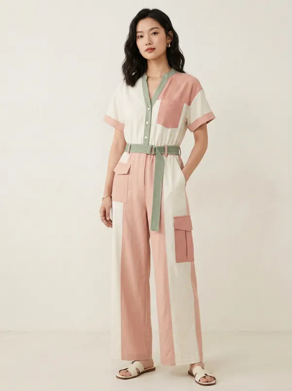 Women's Cedar Utility Patchwork Colorblock Belted Jumpsuit