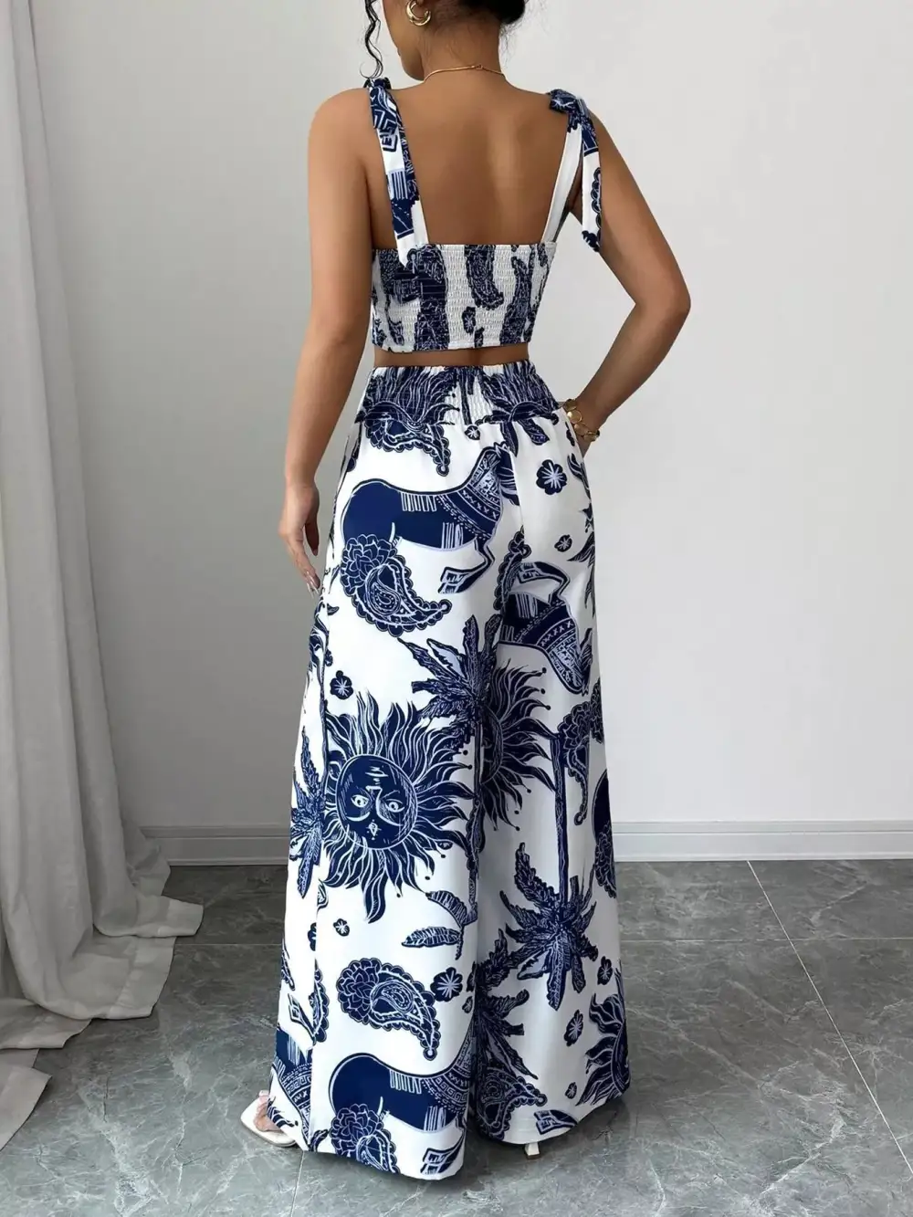 Floral Print Crop Top and Wide Leg Pants Set