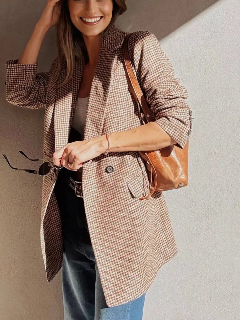 Lapel-Collar Houndstooth Blazer