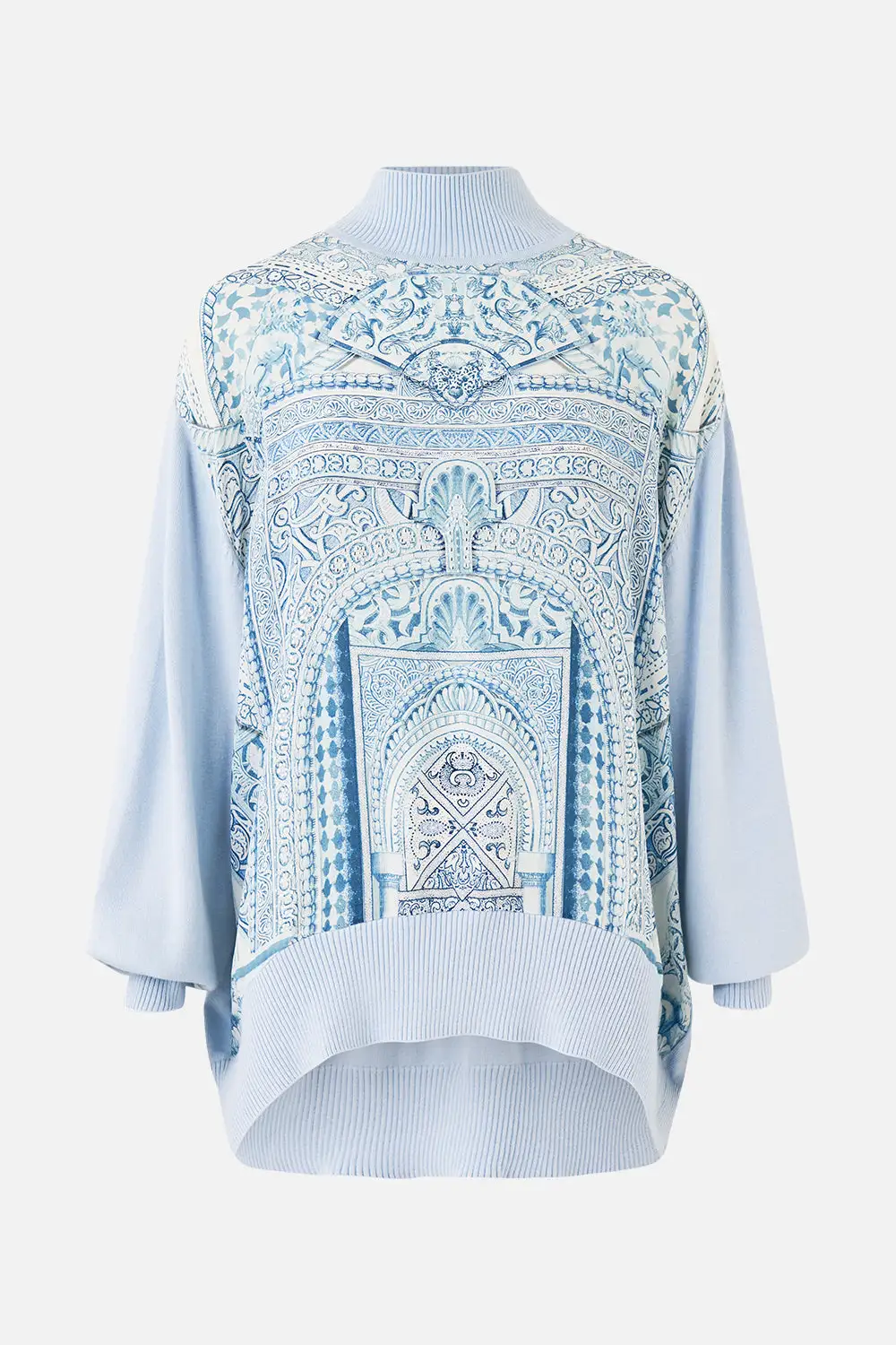 Silk Front Turtle Neck Knit Top