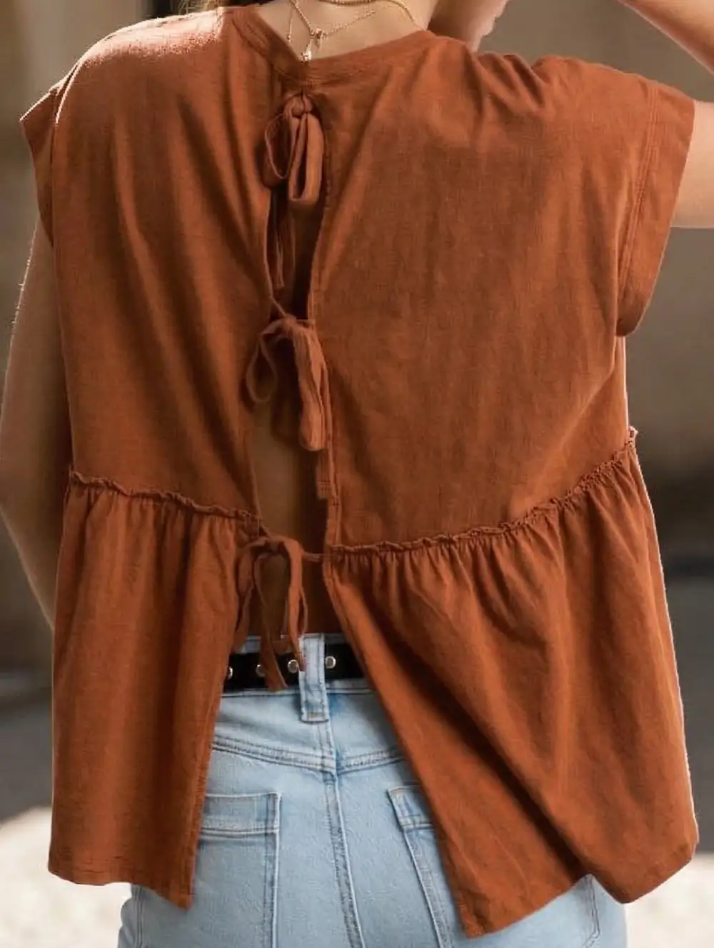 Babydoll Thin Top with Back Tie Blouse