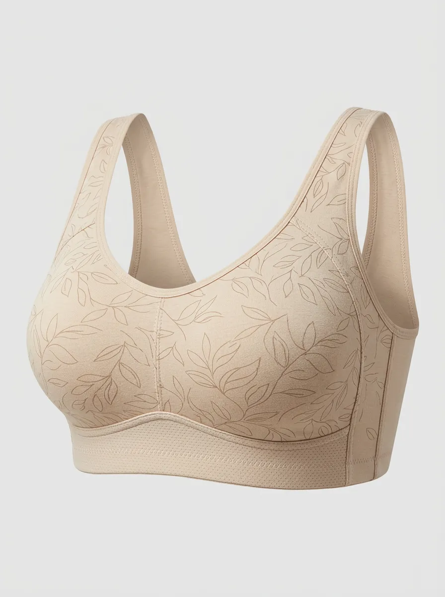 Women's Plus Size Beige Leaf Full-Coverage Scoop-Neck Wireless Bralette