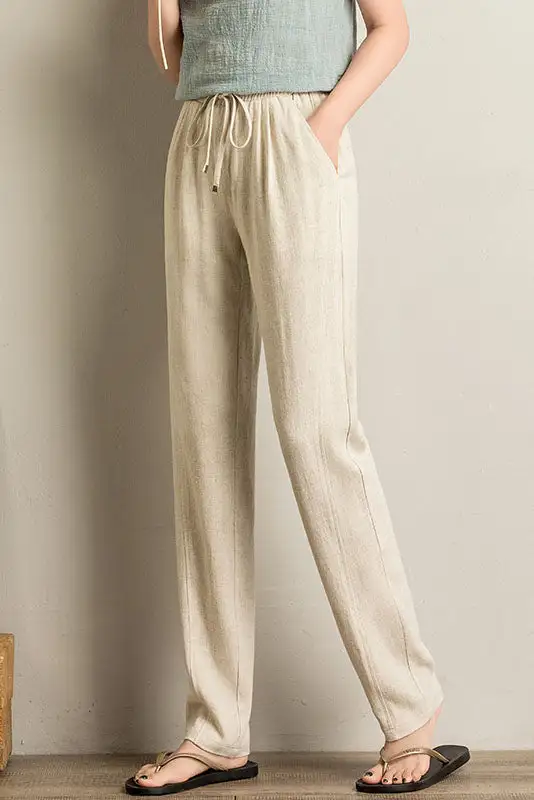 Polished Linen Wide Leg Elastic Waist Pocketed Trousers