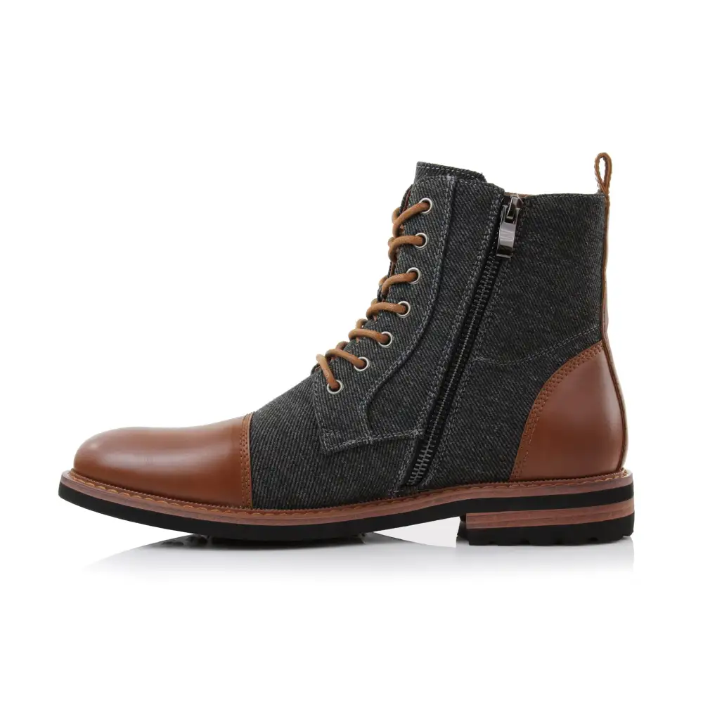 Faux-Leather Lace-Up Zip-Up Ankle Boots