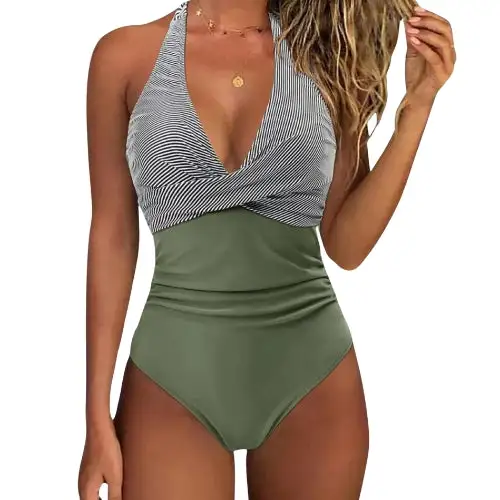  Floral Halter V Neck Ruched Swimsuit Apparel