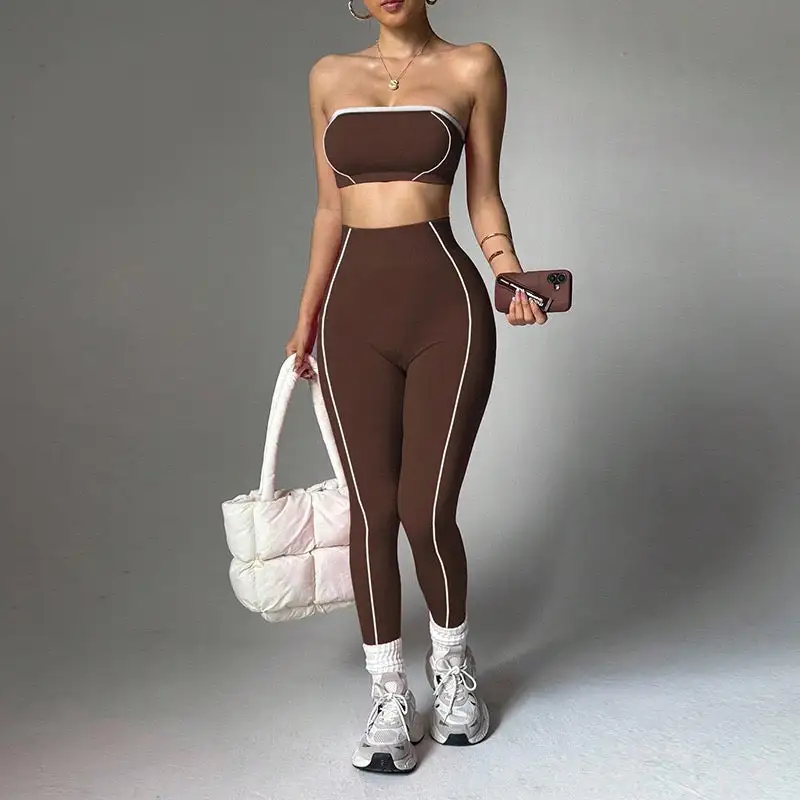 Strapless Bandeau Crop Top and High-Waisted Leggings Activewear Set