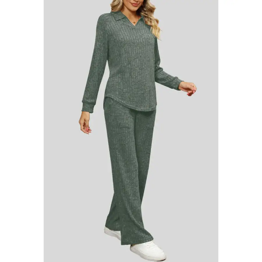 Ribbed Long Sleeve Top and Pocketed Pants Set