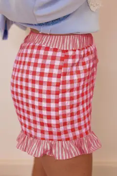 Elastic-Waist Gingham Print Ruffle Striped Detail Lace Tie Shorts