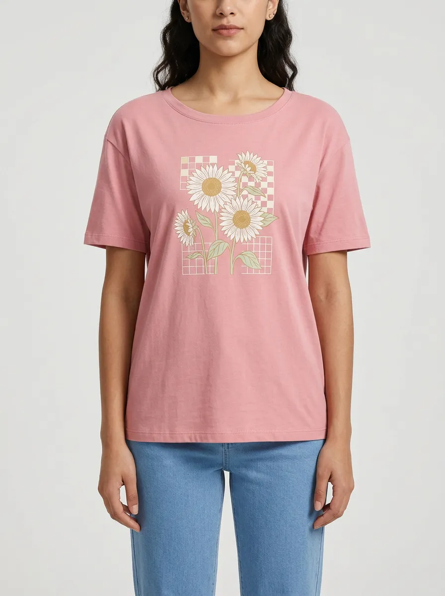 Women's Crew-Neck Graphic-Print Floral Rib-Trim T-Shirt