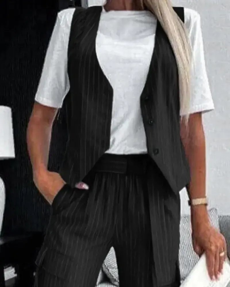 Women's Fashion Stripe Vests and Pocket Drawstring Pants Two-piece Set