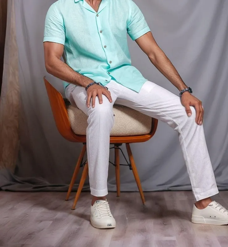 Light Blue Linen Camp Collar Shirt
