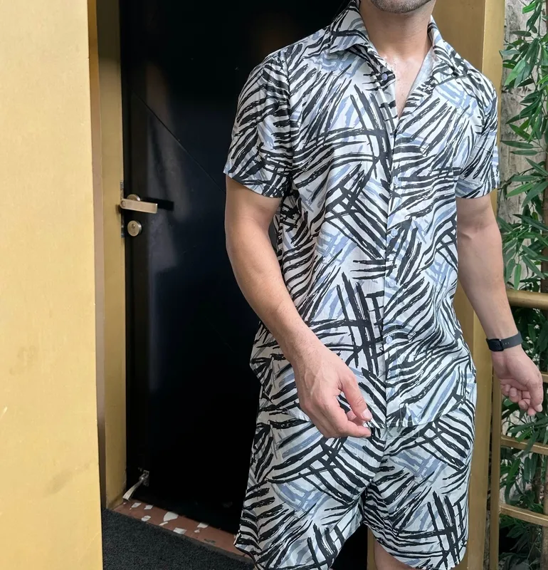 White Printed Rayon Shirt & Shorts Matching Set
