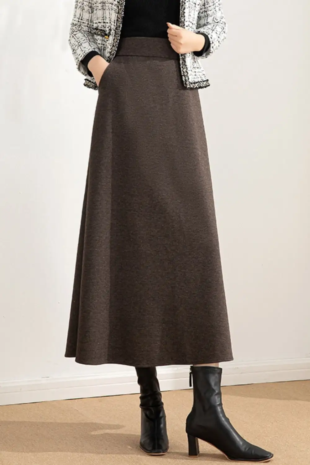 Checkered Wool Blend A Line High Waist Skirt