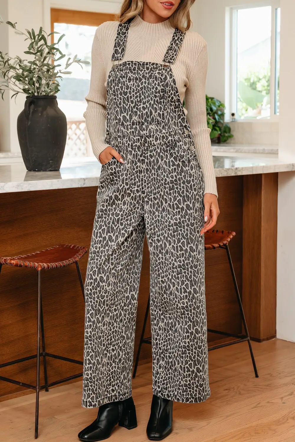 Leopard Print Straight Leg Loose Overall Denim Pants