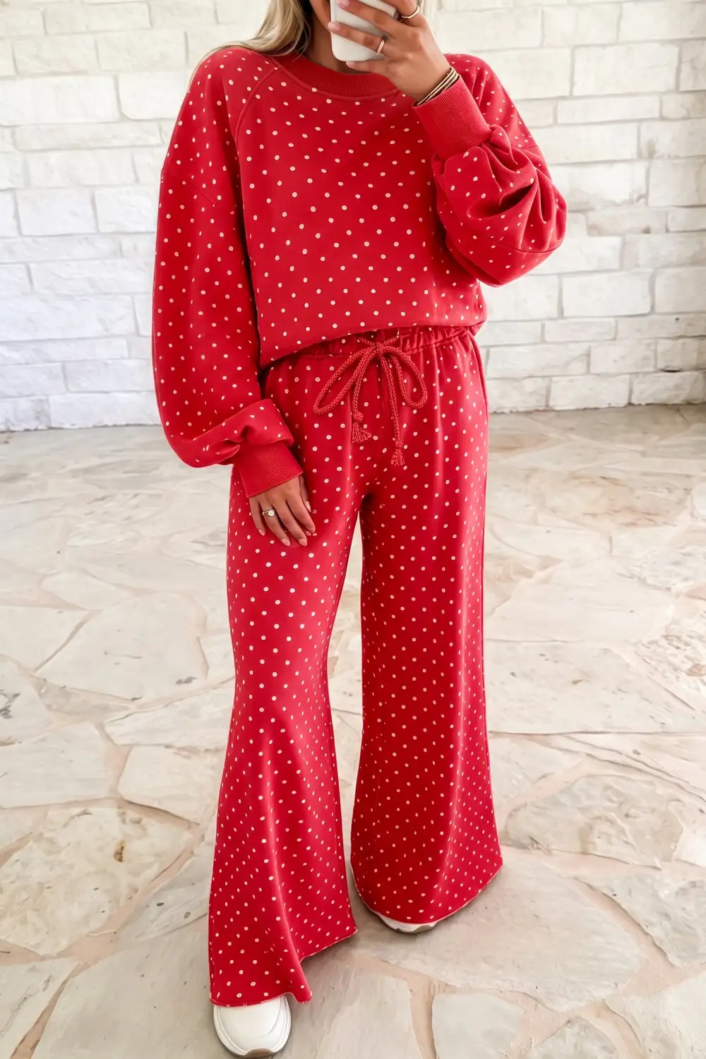 Women's Polka Dot Drawstring Wide Leg Long Sleeve Top Pant Set