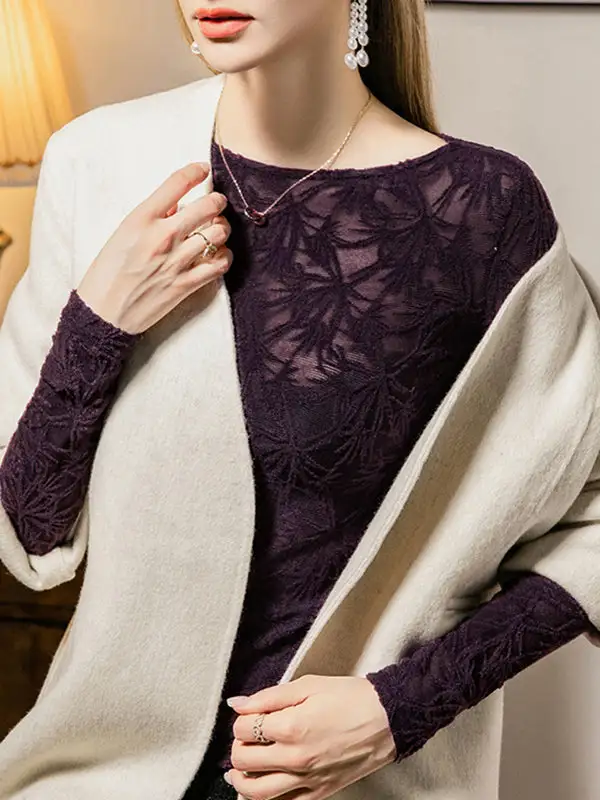 Long Sleeve Curve Fit Cutout Sheer Side Slit Round Neck T-Shirt