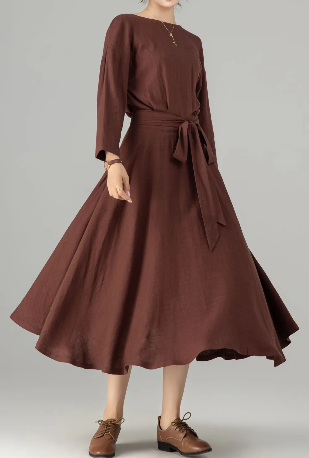 Linen Cotton Boat Neck Long Sleeve Midi Dress