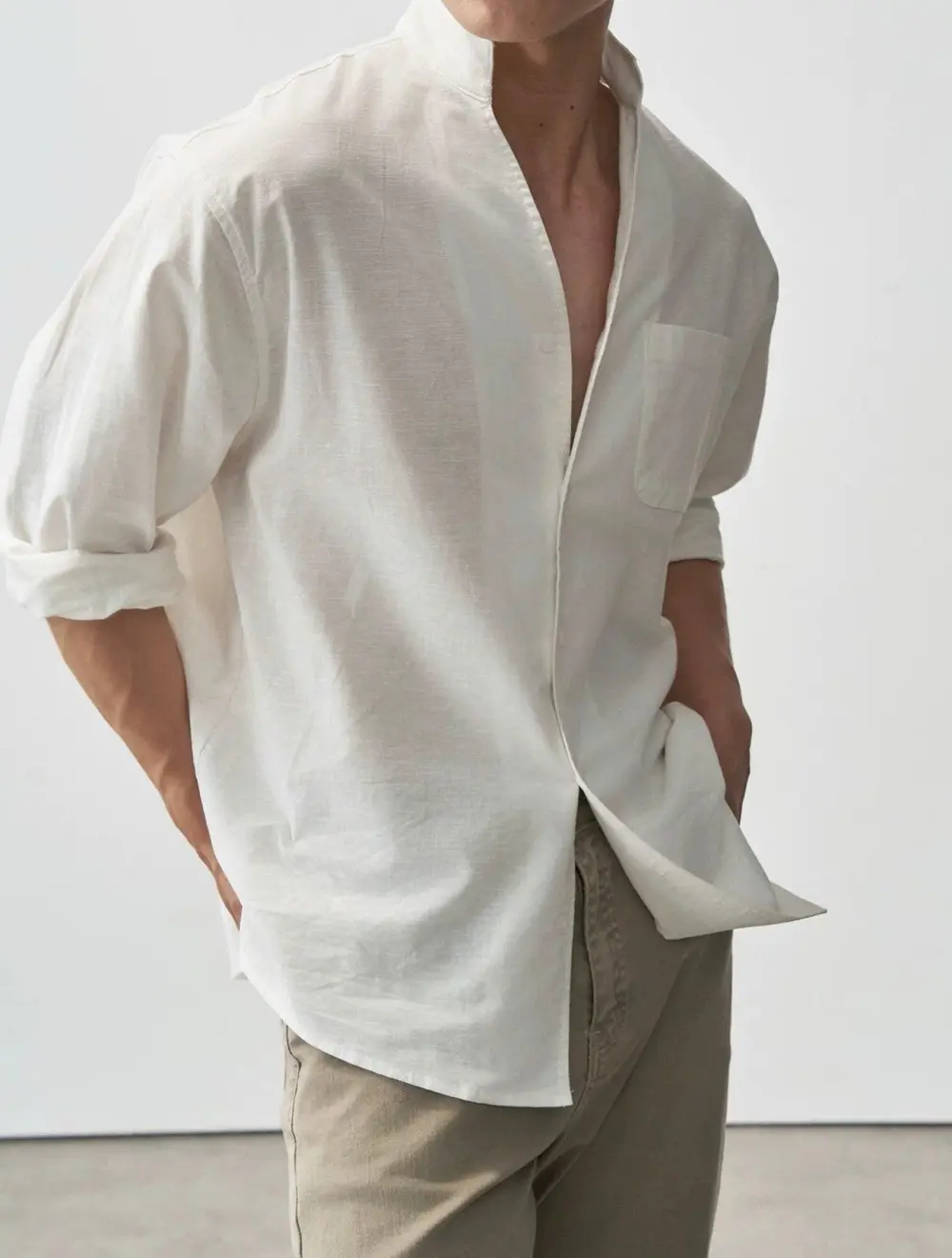 Stand Collar Linen Blend Shirt