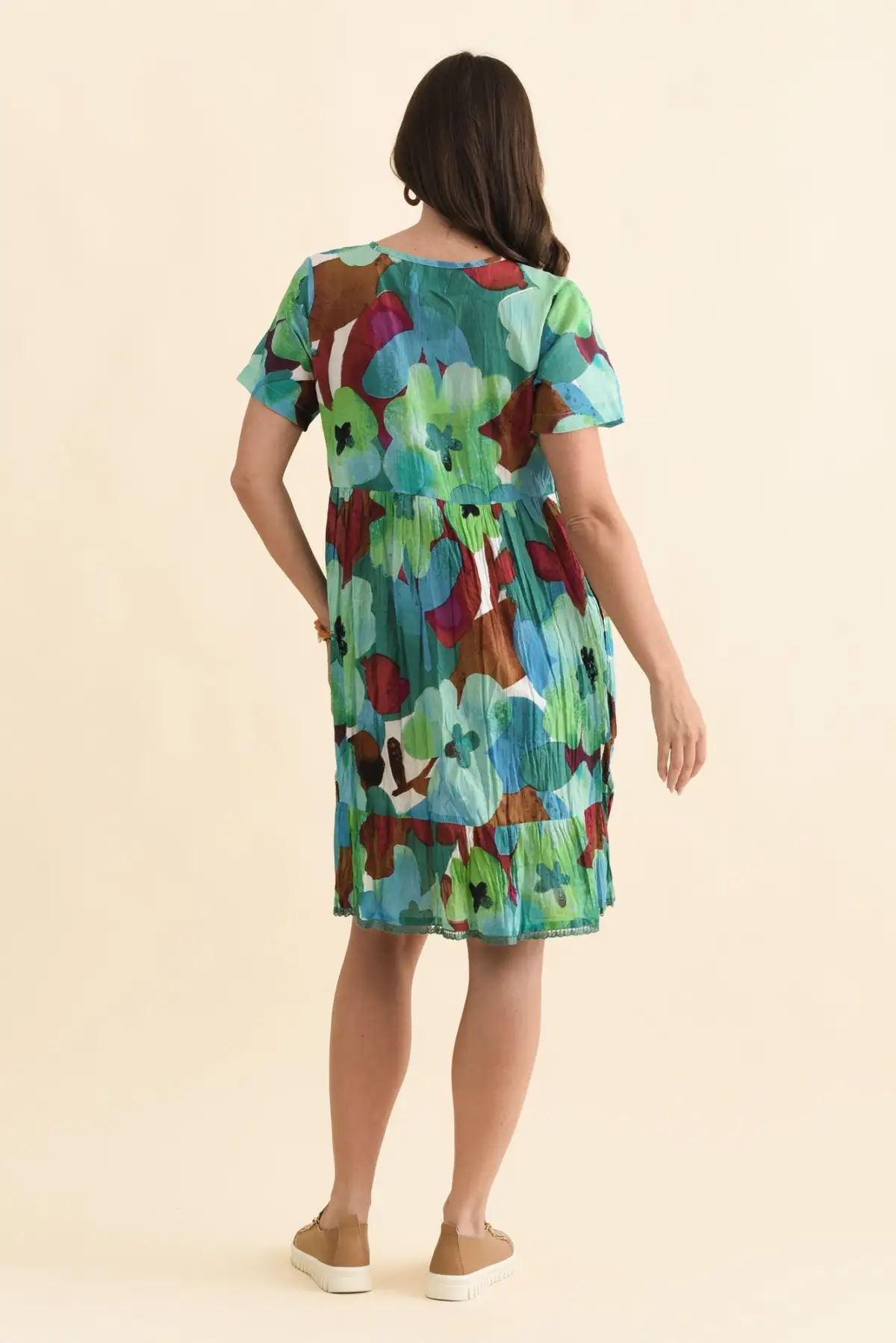 Cotton Above-Knee Floral Pocket Round-Neck Short-Sleeve A-Line Dress