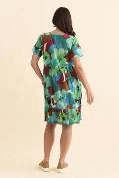 Cotton Above-Knee Floral Pocket Round-Neck Short-Sleeve A-Line Dress