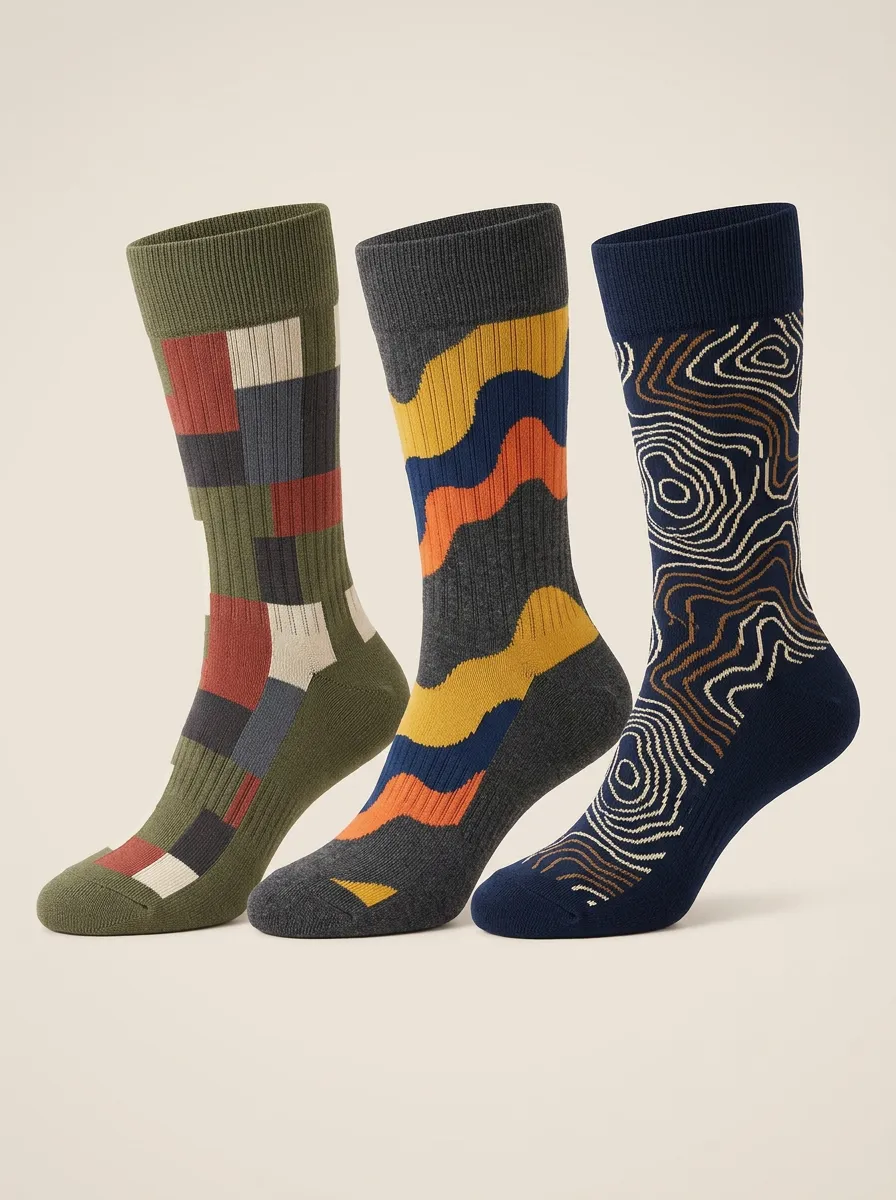 Men's Topographic Lines Stripes Ribbed Crew Sock Set