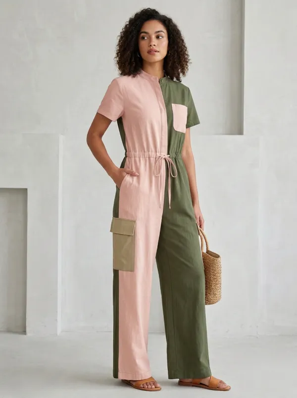 Women's Casual Two-Tone Colorblock Cargo Pocket Jumpsuit