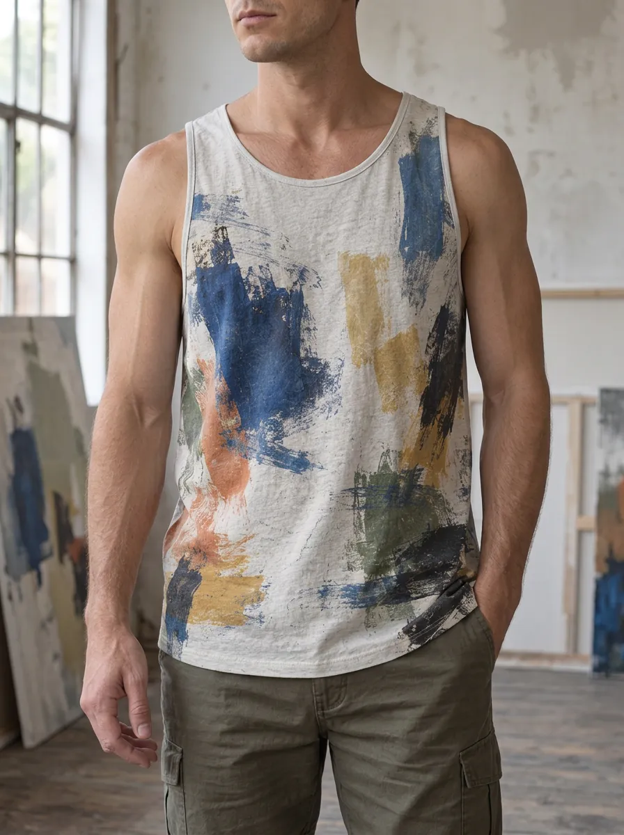 Men's Abstract Art Brushstroke Crew Neck Tank Top