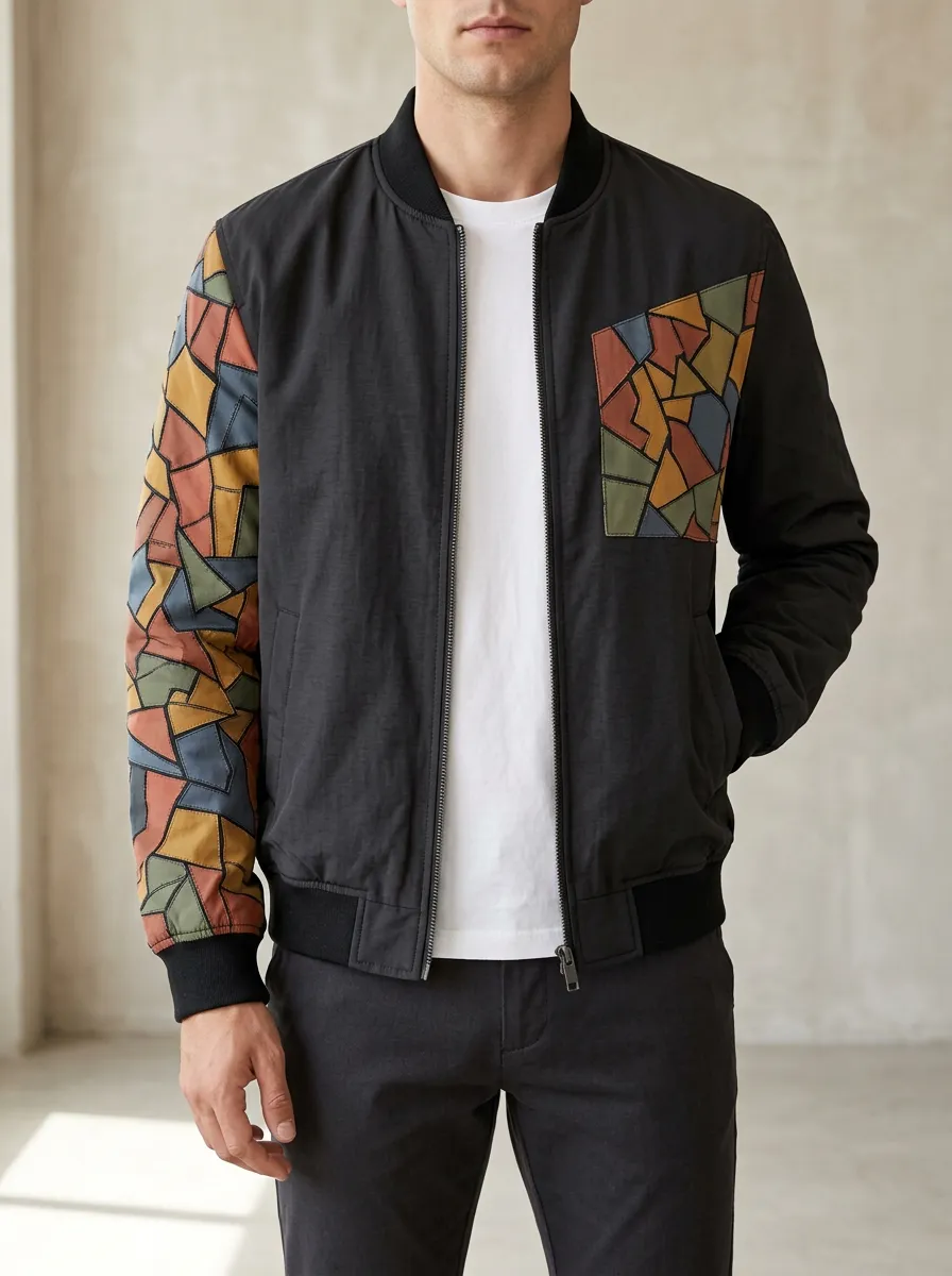 Men's Geometric Mosaic Pattern Printed Bomber Jacket