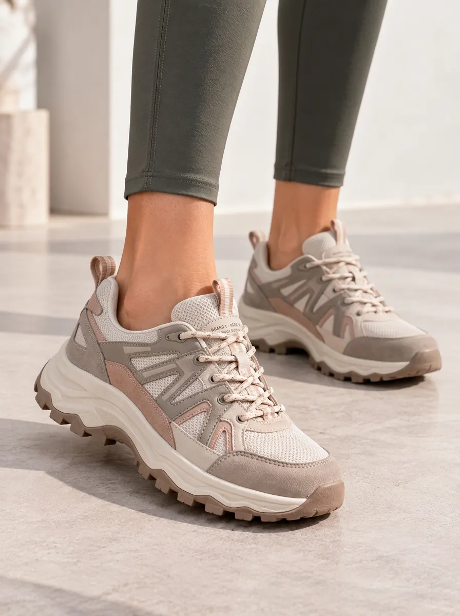 Unhurried Women's Beige Mesh and Suede Patterned Low Top Casual Shoes