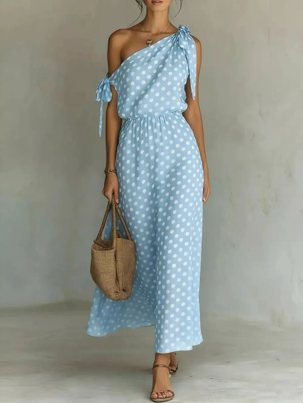 Full Size Polka Dot One Shoulder Maxi Dress With Tie Details Plus Size