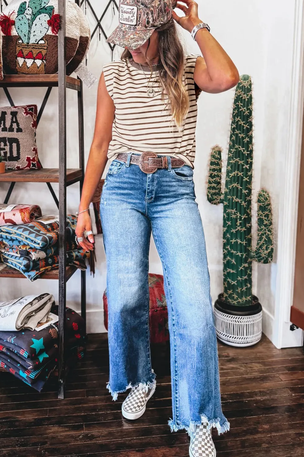Brown Stripe Ribbed Round Neck Tank Top