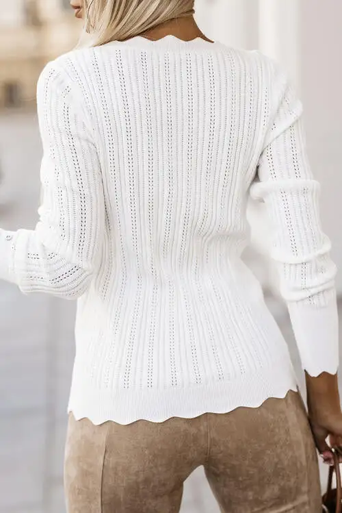 Button Front Eyelet Long Sleeve Top
