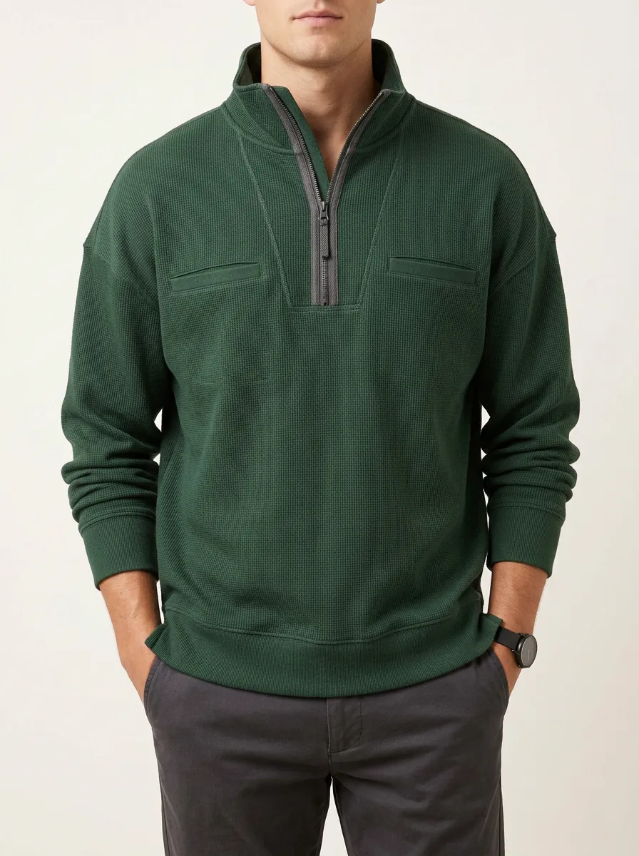 Minimal-Look Waffle Knit Texture Quarter-Zip Pullover