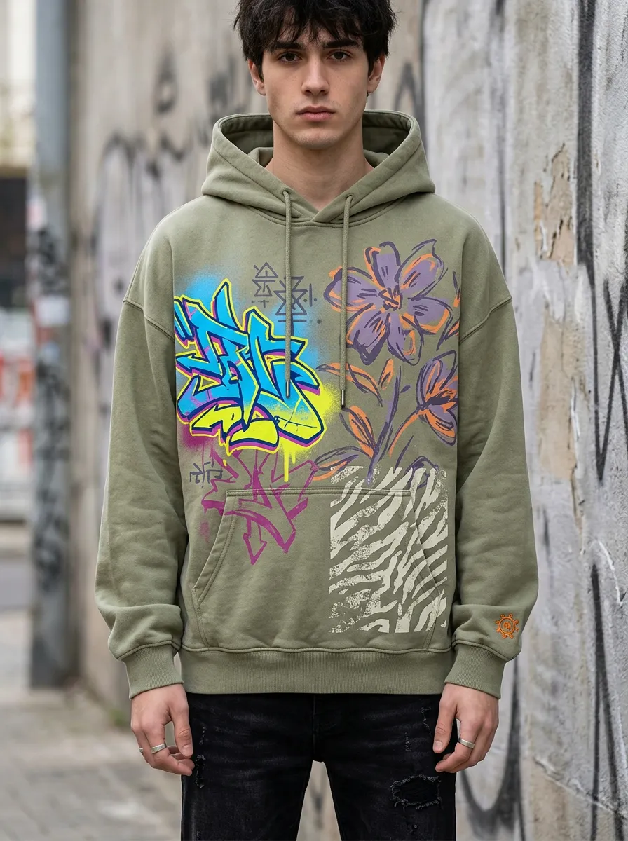 Unisex Neon Graffiti Floral Zebra Graphic Hoodie