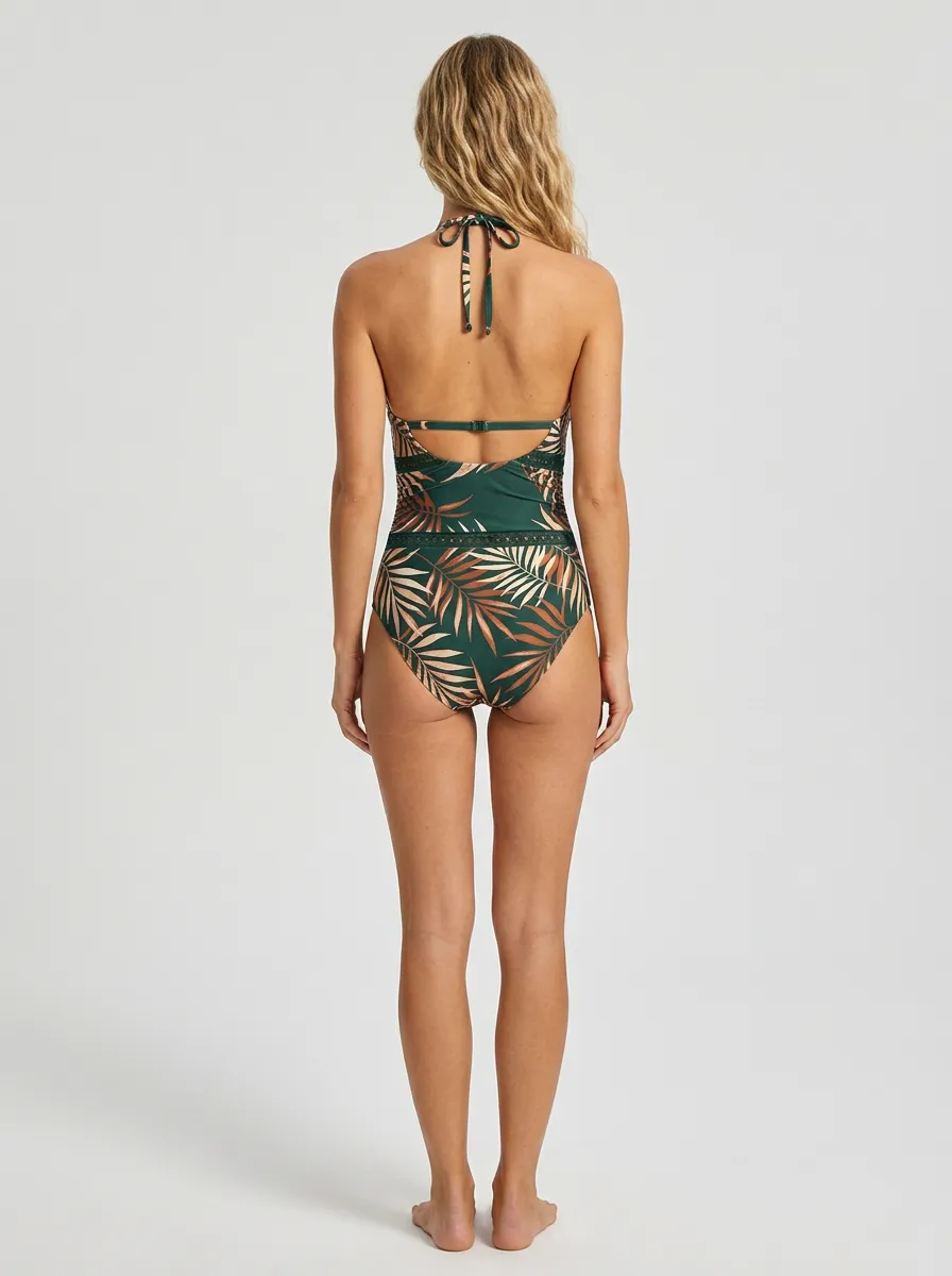 Women's Halter Palm-Leaf Palm Leaf Printed One-Piece Swimsuit