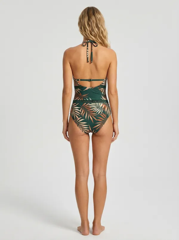 Women's Halter Palm-Leaf Palm Leaf Printed One-Piece Swimsuit