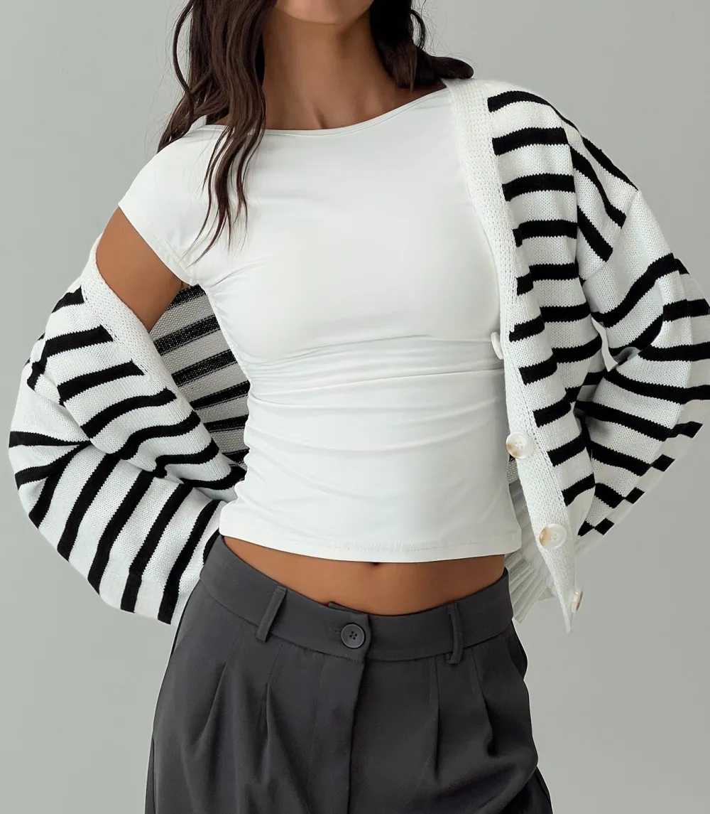 Cream and Black Striped Ribbed Cardigan