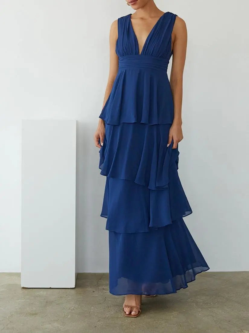 Back Zipper Tiered Maxi Dress