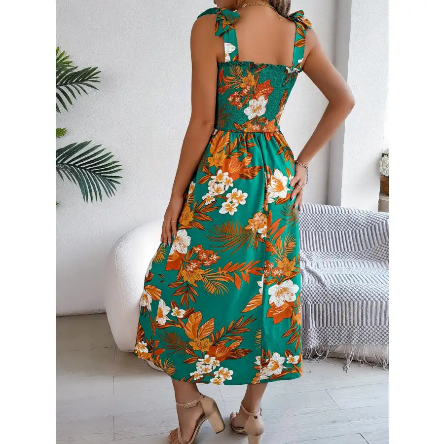 Smocked Tie Shoulder Midi Dress