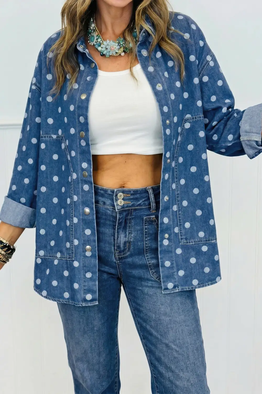Women's Polka Dot Long Sleeve Collar Shift Tunic Denim Jacket