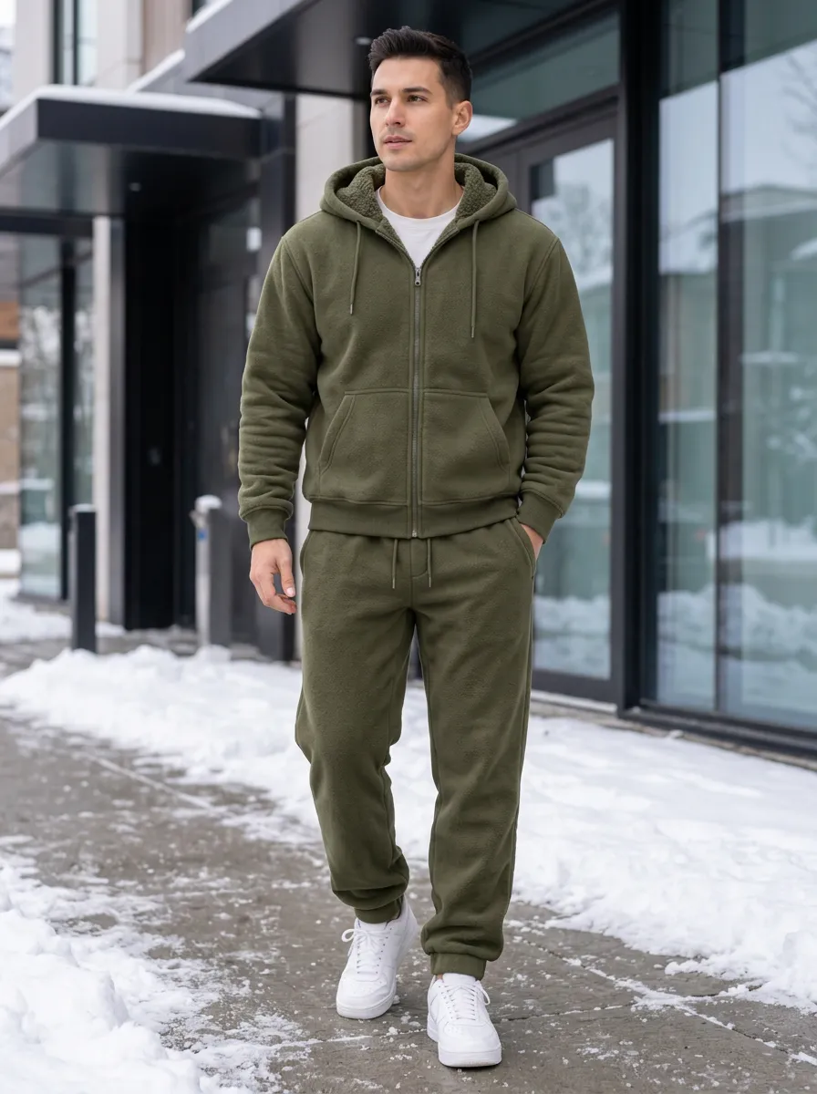 Men's Winter Fleece-Lined Zip-Up Hoodie and Pants Set with Drawstring Waist