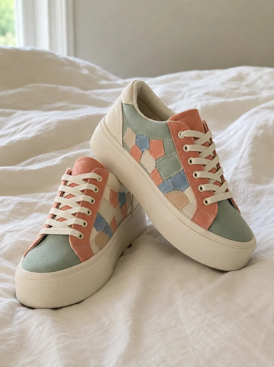 Women's Refined Pastel Patchwork Geometric Patterned Canvas Shoes