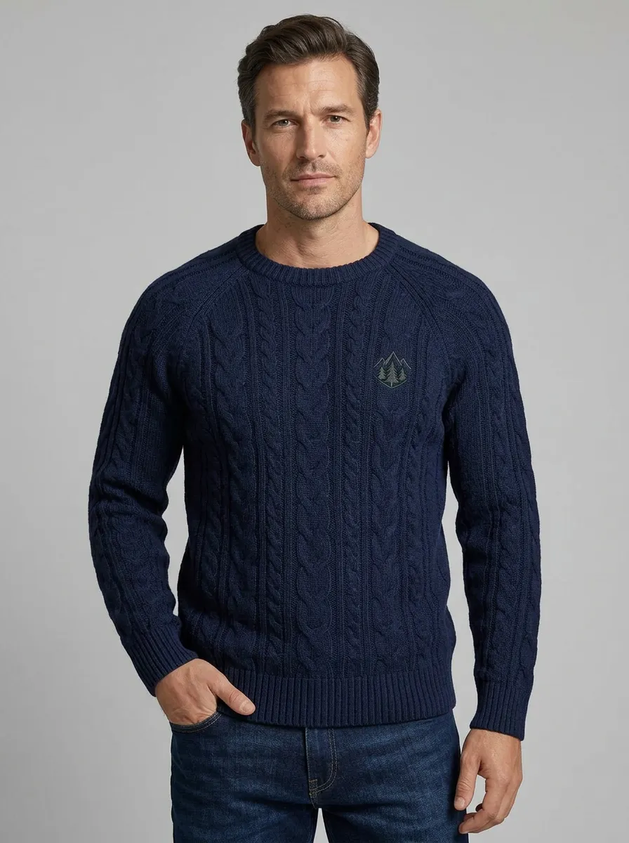 Men's Navy Nature Pine Tree Mountain Embroidered Knit Sweater