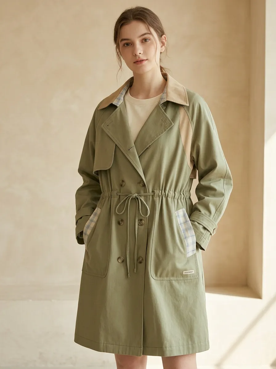 Vintage Casual Plaid Patchwork Drawstring Trench Coat