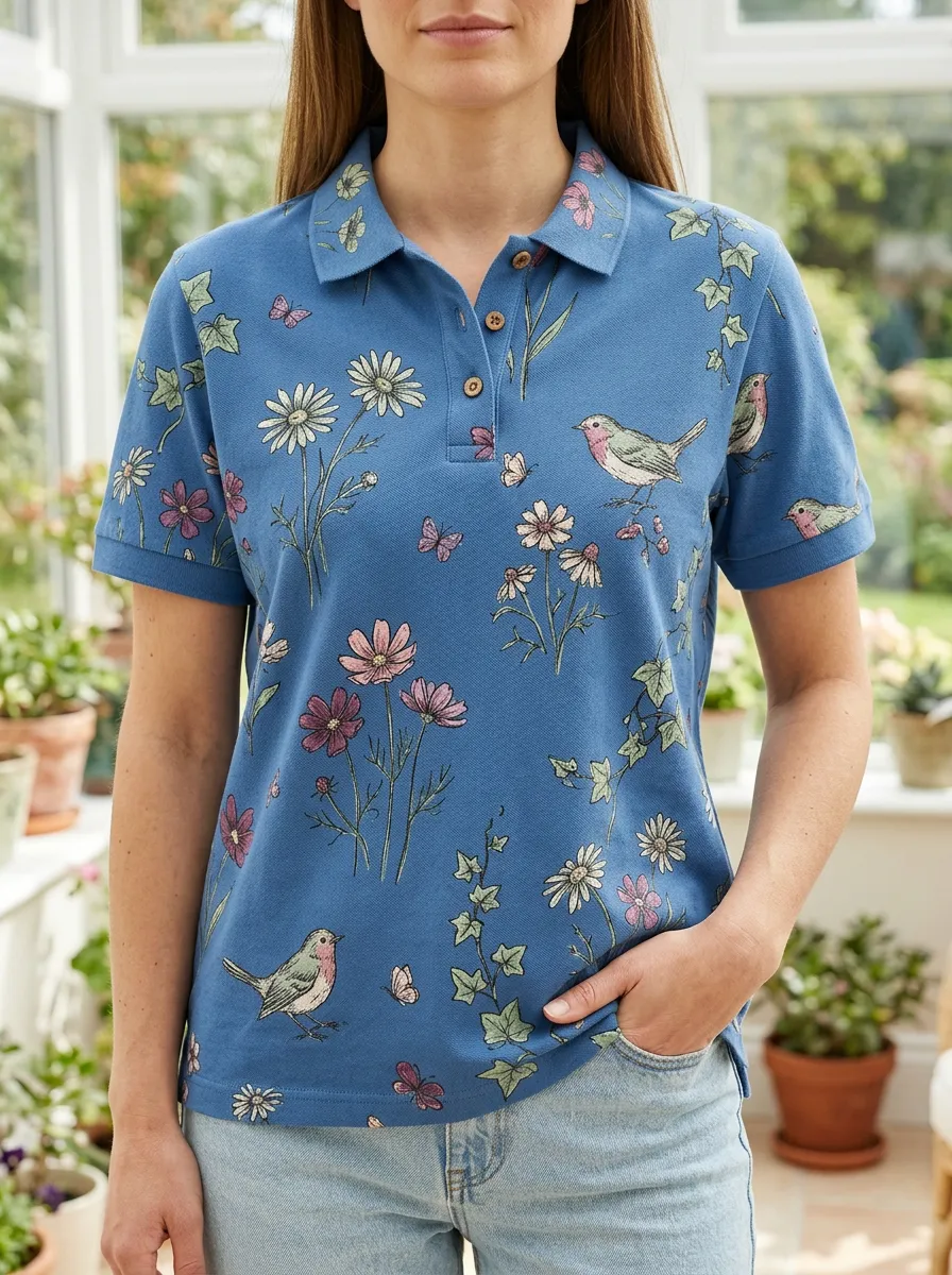 Women's Garden Bird Floral Butterfly Printed Polo Shirt