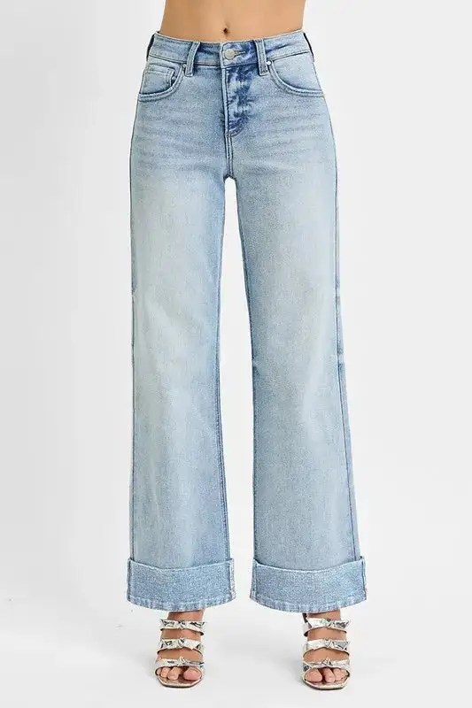 Soft High Waist Wide Leg Cuffed Denim Jeans