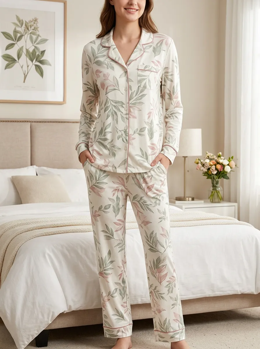 Botanical Leaf Button-Down Top Long Sleeve Short Sleeve Matching Shorts Women's Printed Pajama Set