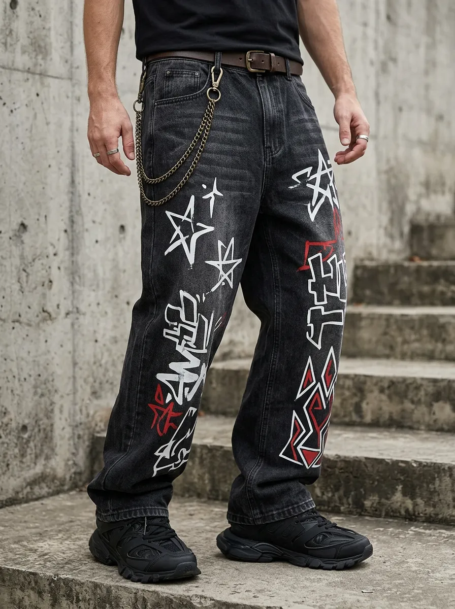 Unisex Urban Streetwear Graffiti Star Jeans