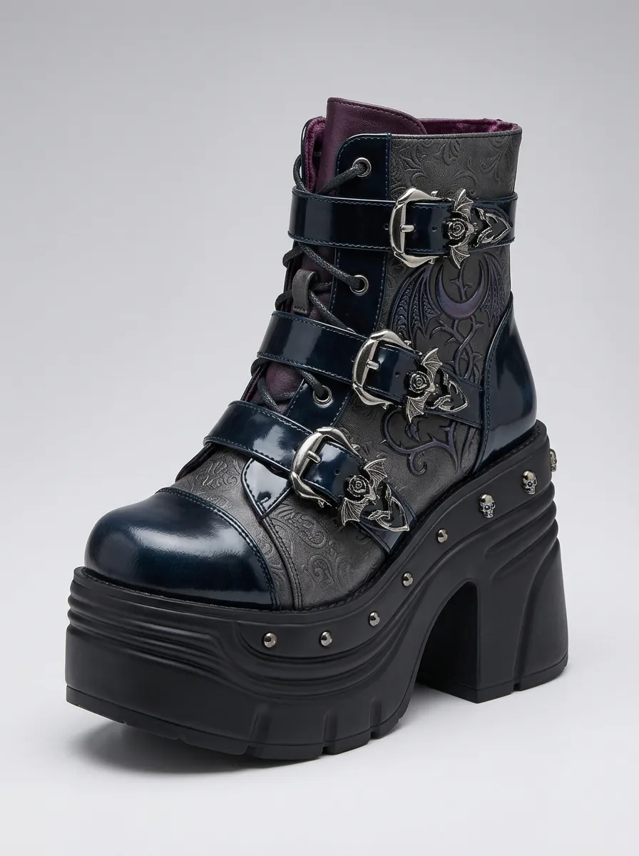 Mystic Skull Bat Wing Darkwear Style Women's Gothic Platform Boots