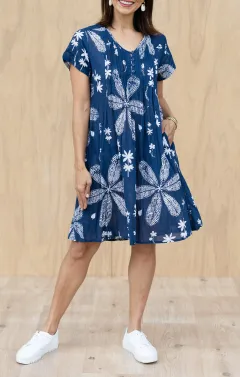 Above-Knee Floral Cotton Button-Front Pocket V-Neck Short-Sleeve Dress